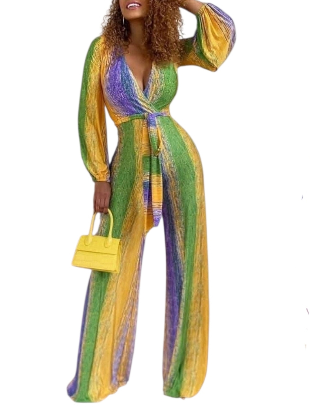 5/$15 Green Yellow Purple Striped V-Neck Balloon Sleeve Wide-Leg Belt Jumpsuit